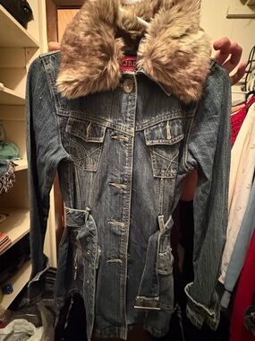 JBL Blue Denim Trench Coat with Brown Faux Fur Collar